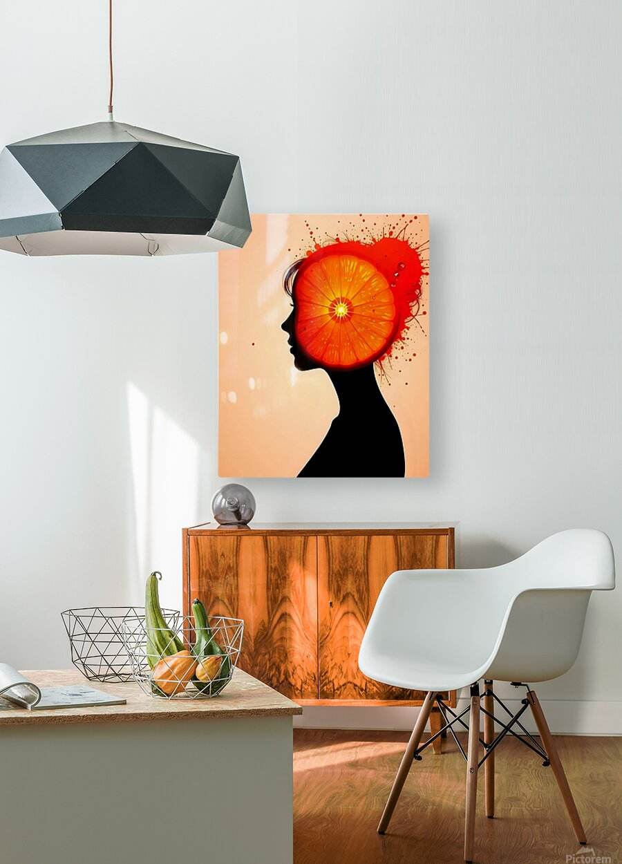 Square wall art with black side-profile silhouette and orange citrus slice with splatter