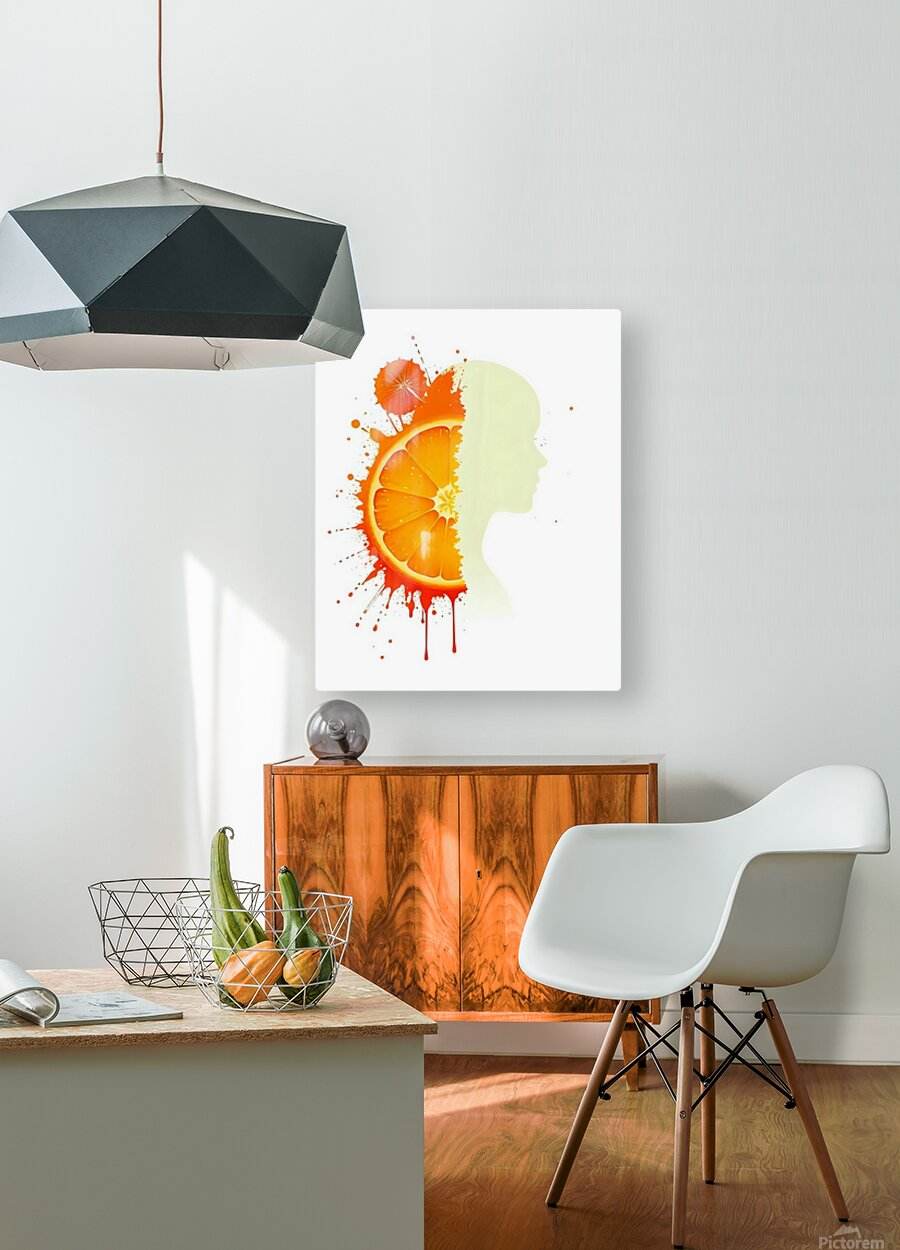 Framed abstract wall art print with orange face silhouette and citrus slice design