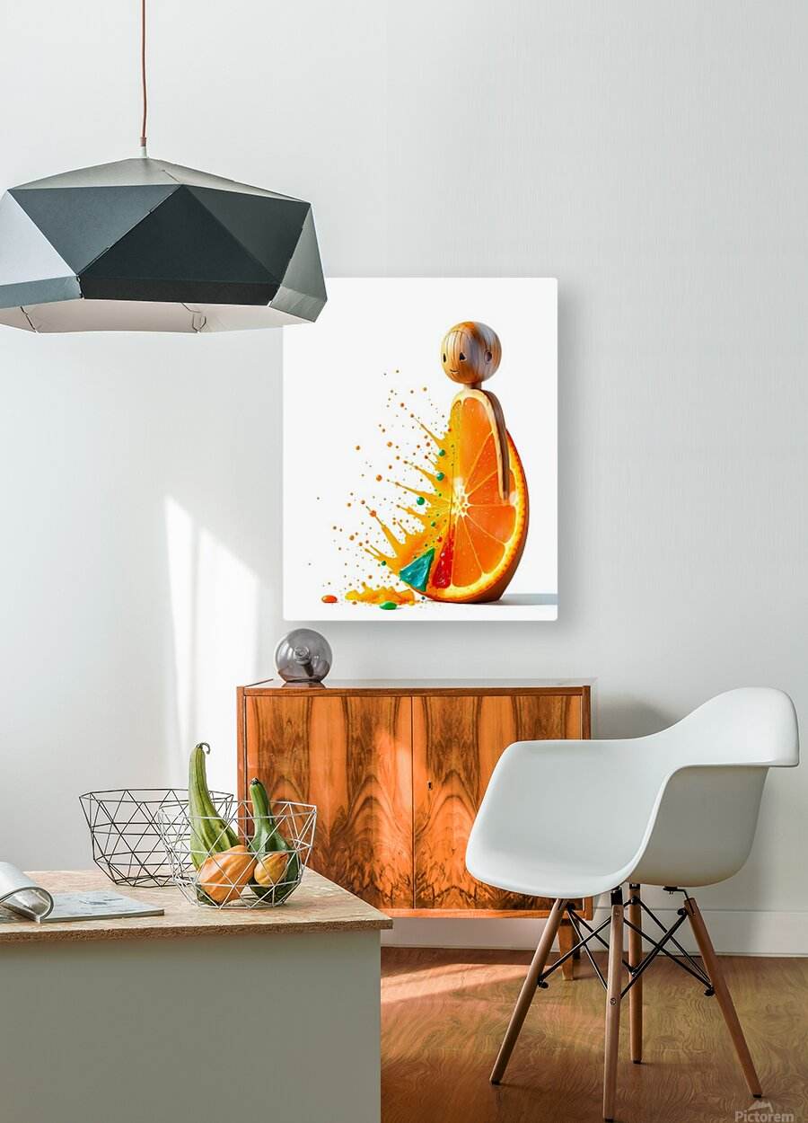 Framed wall art: smiling orange character with citrus-slice body, yellow and green splashes