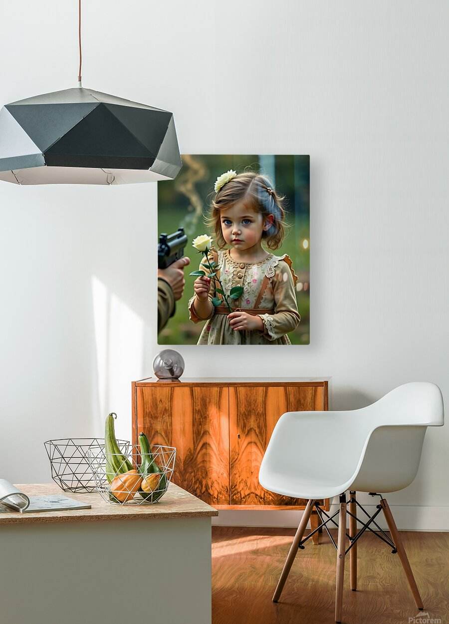Wall art print of a young girl holding a white flower above a wooden cabinet