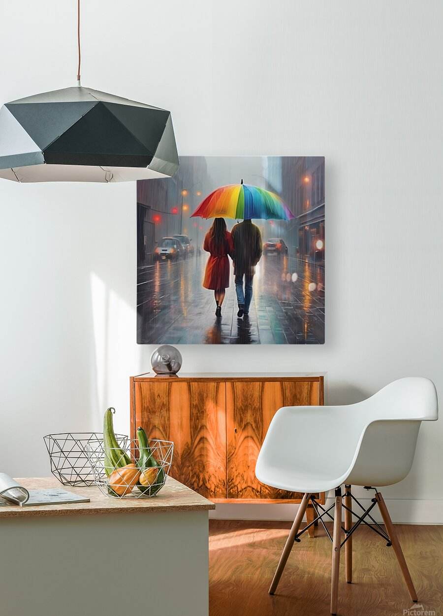 Rainbow umbrella couple artwork on a square wall canvas, woman in red dress and man in blue jeans
