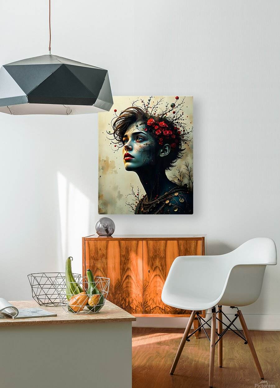 Portrait canvas art of a blue-skinned woman profile with red roses and branching stems