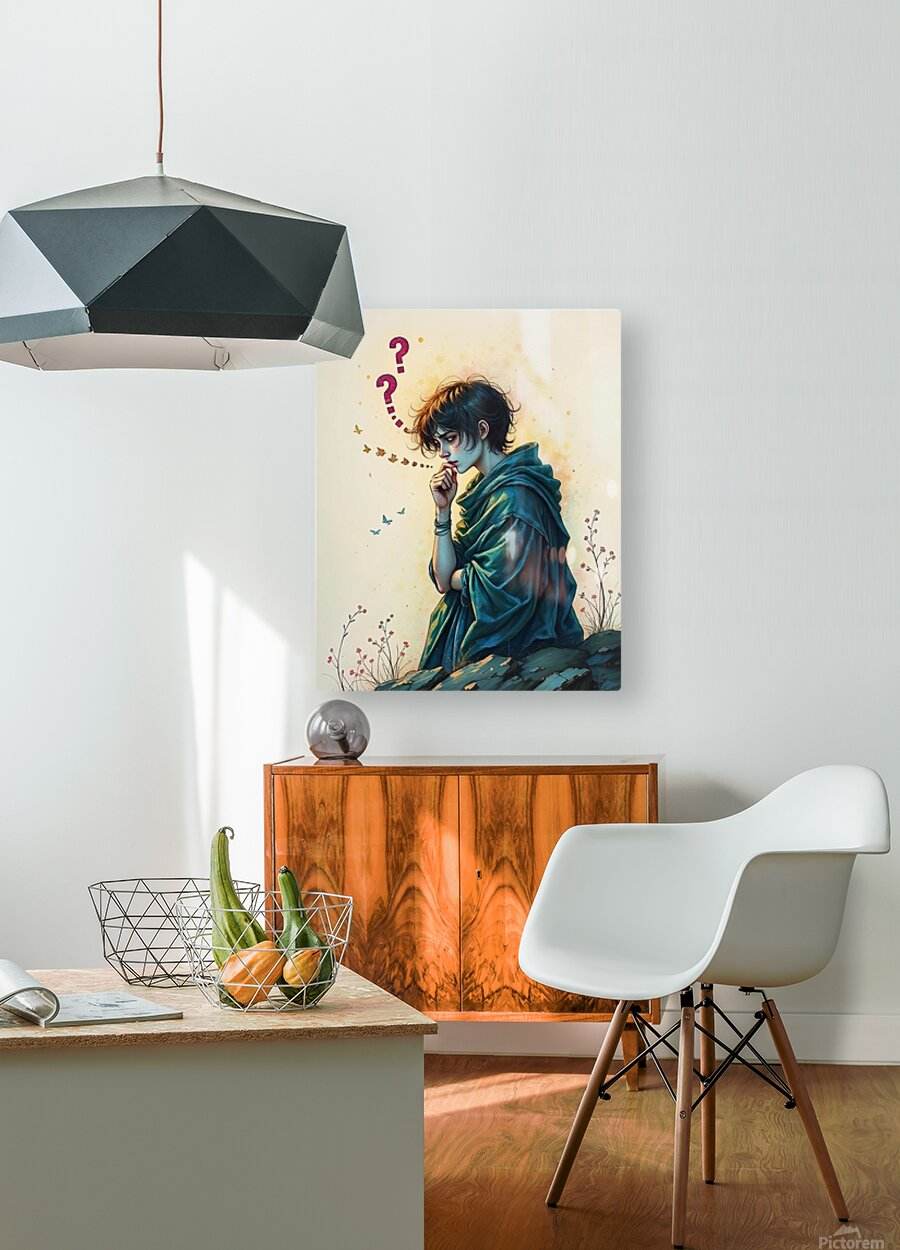 Art print: woman in teal cloak, finger to lips, pink question marks, painted ground in foreground