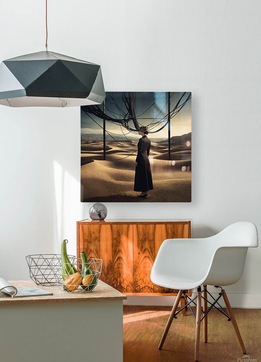 Desert wall artwork print with a woman in a long dark dress under black wire arches