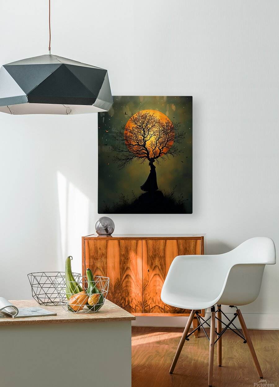 Canvas wall art with orange moon, silhouetted tree, and dark figure in foreground