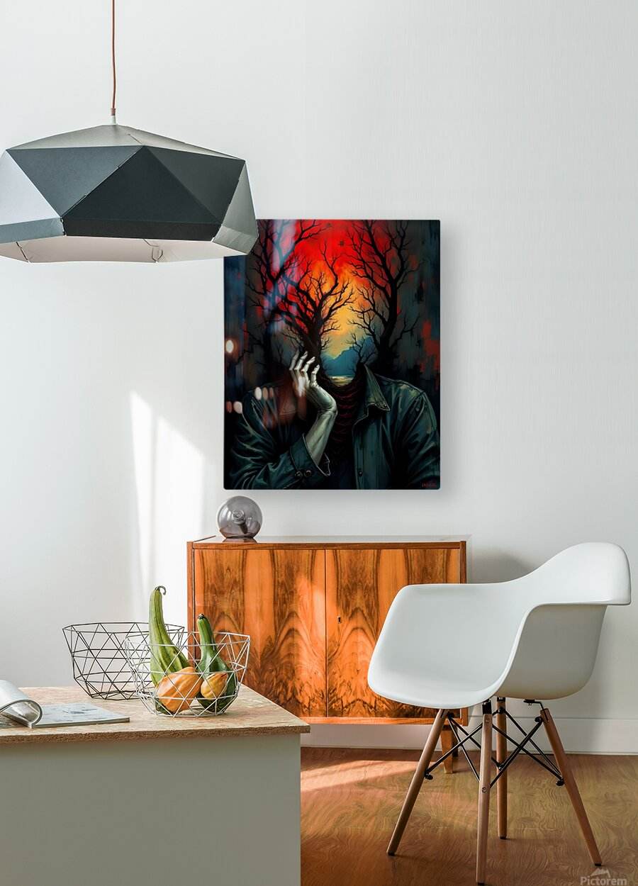 Surreal wall art print over a sideboard, showing a figure with tree branches and hands raised
