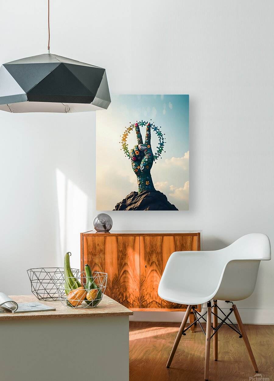 Floral peace-hand artwork with circular peace symbols and painted flowers on dark fabric