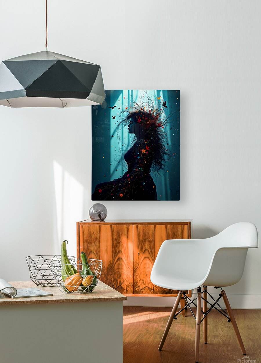 Square canvas wall art of a black woman profile silhouette with colorful butterflies in teal
