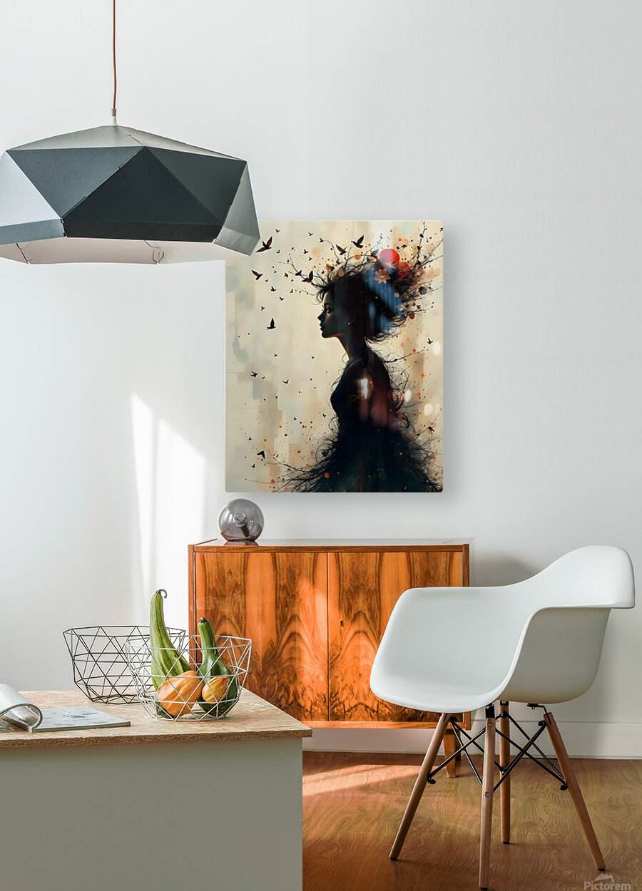 Wall art featuring a dark woman silhouette, birds, and red-orange accents above a cabinet