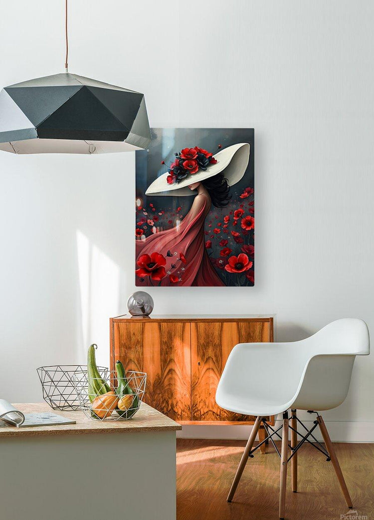 Wall canvas print of woman in white hat with red poppy flowers and flowing red gown