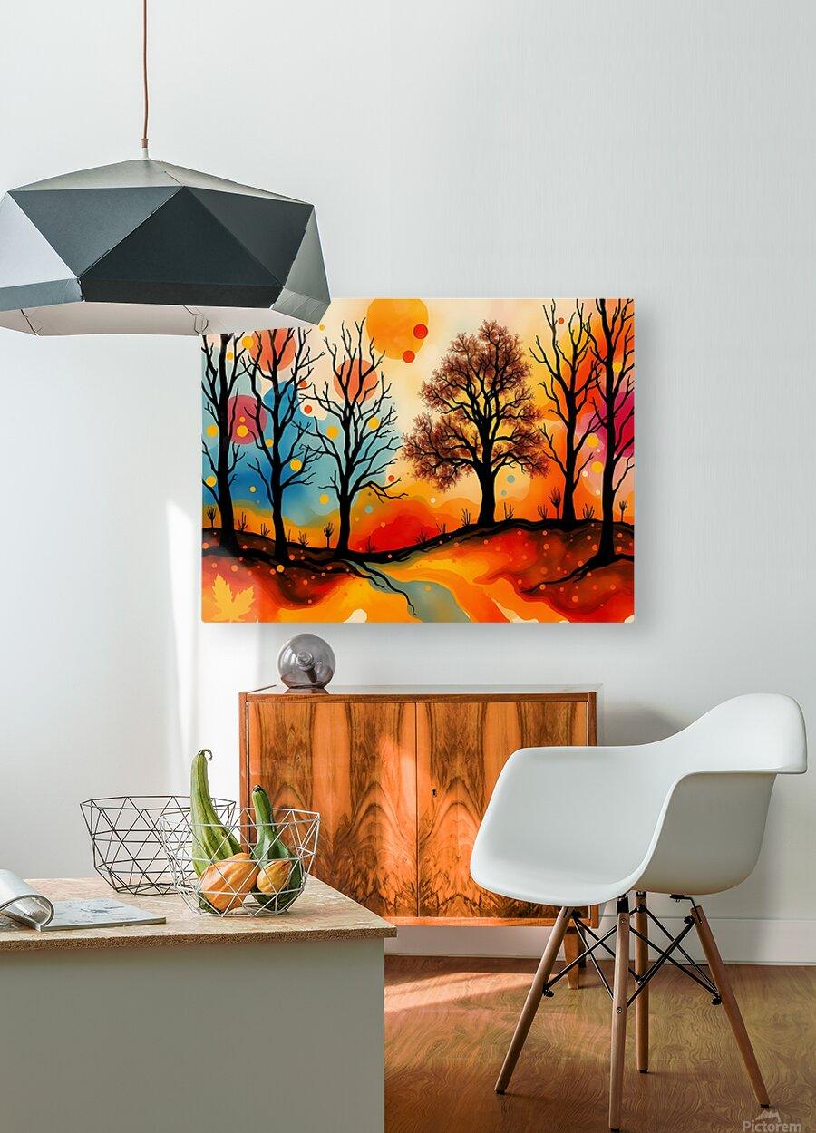 Abstract autumn landscape canvas above console table, featuring silhouetted trees and orange sunset