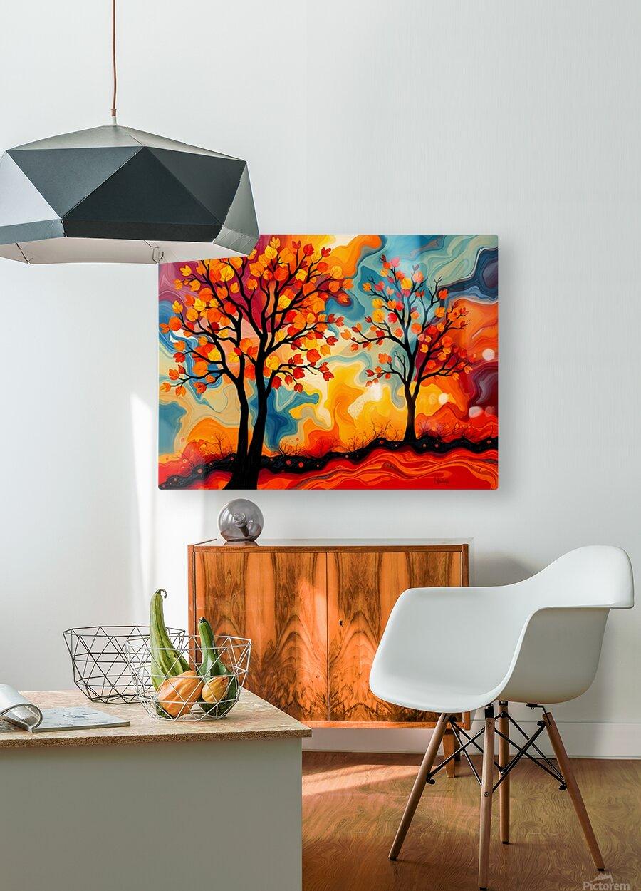 Abstract fall trees wall art in a rectangular frame, colorful foliage and black trunks