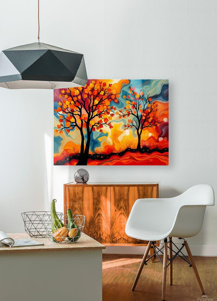 Abstract fall trees wall art in a rectangular frame, colorful foliage and black trunks