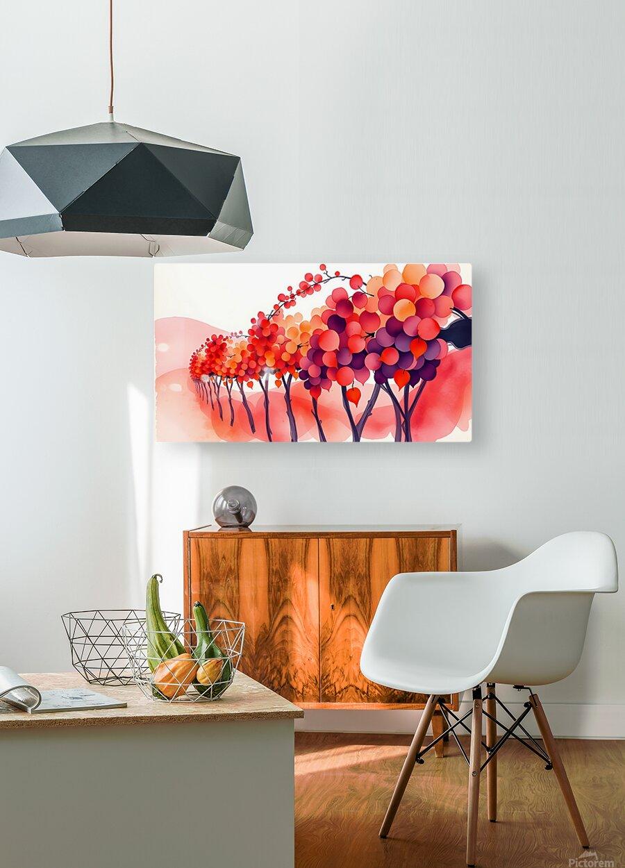 Watercolor autumn tree wall art print in a living room, colorful tree silhouettes