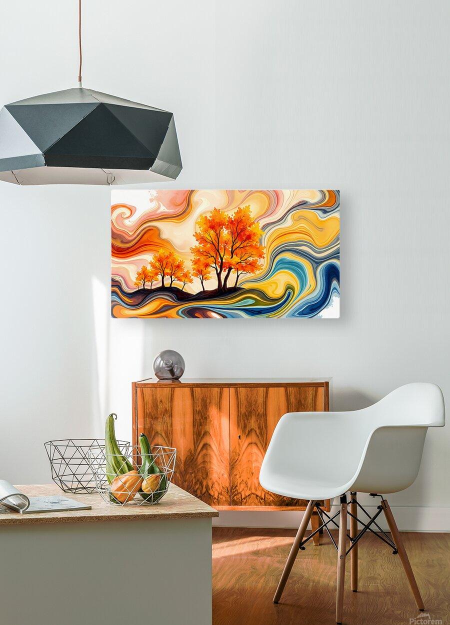 Abstract artwork in landscape view with orange trees and ribbon-like blue and yellow swirls