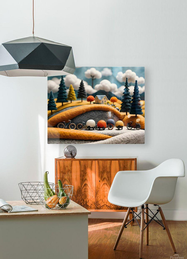 Wall-mounted canvas print of a bicycle journey over orange yarn hills with trees and clouds
