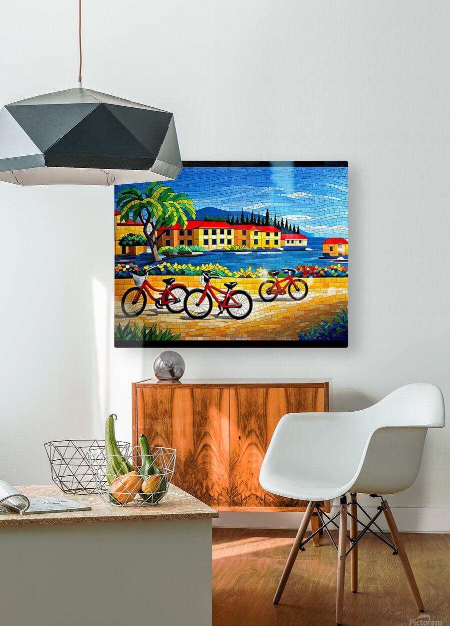 Bicycle mosaic wall art print with red bikes near flowerbeds and waterfront buildings