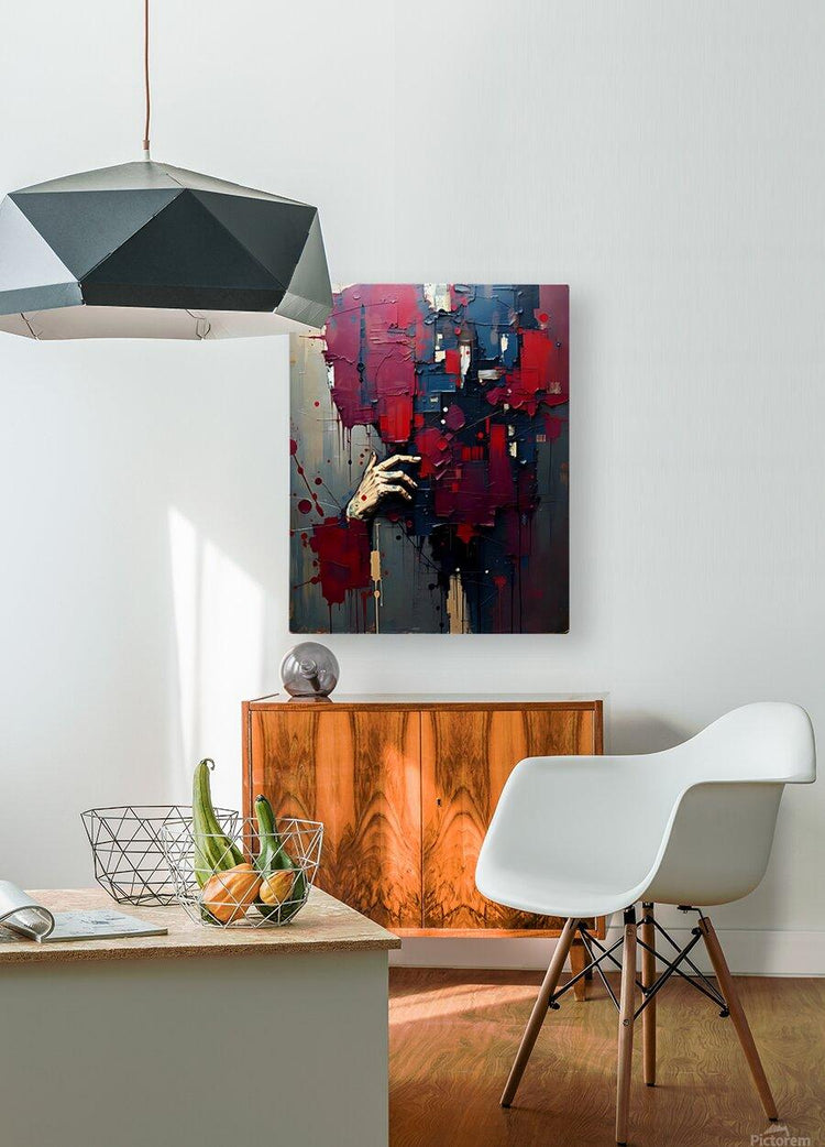 Framed abstract hand wall art with red, blue, and purple paint splashes