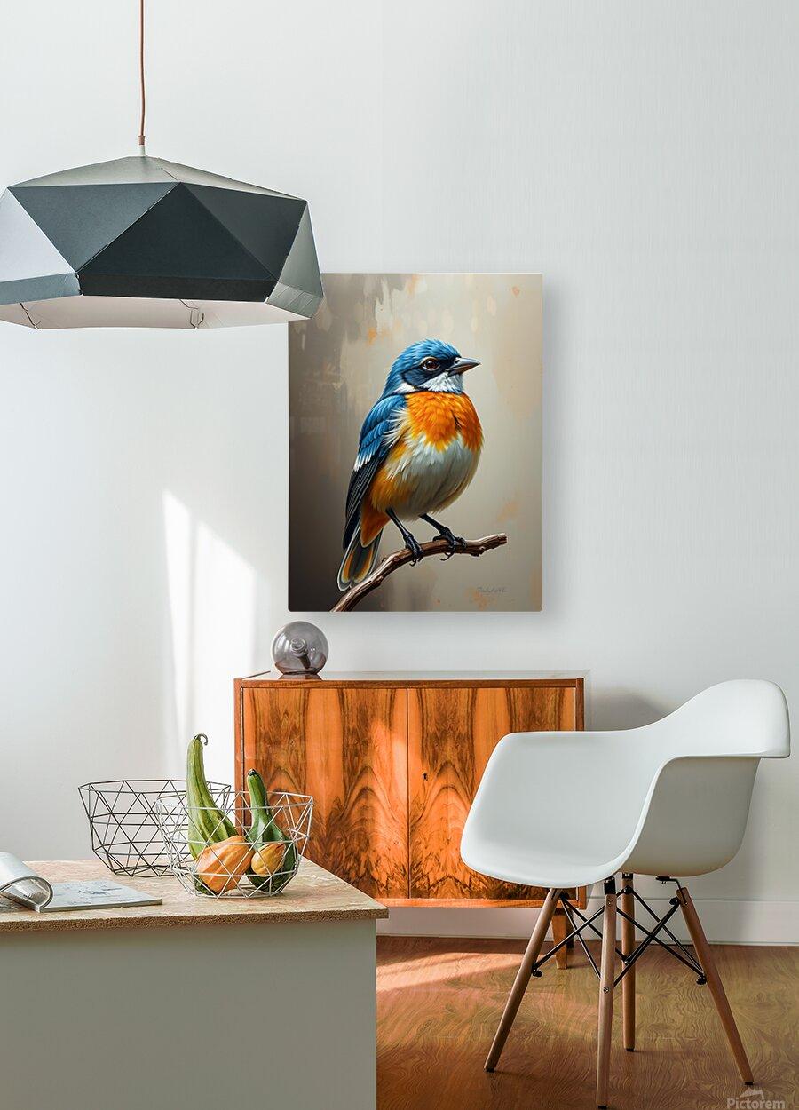 Blue and orange bird portrait wall art on canvas, perched on a branch
