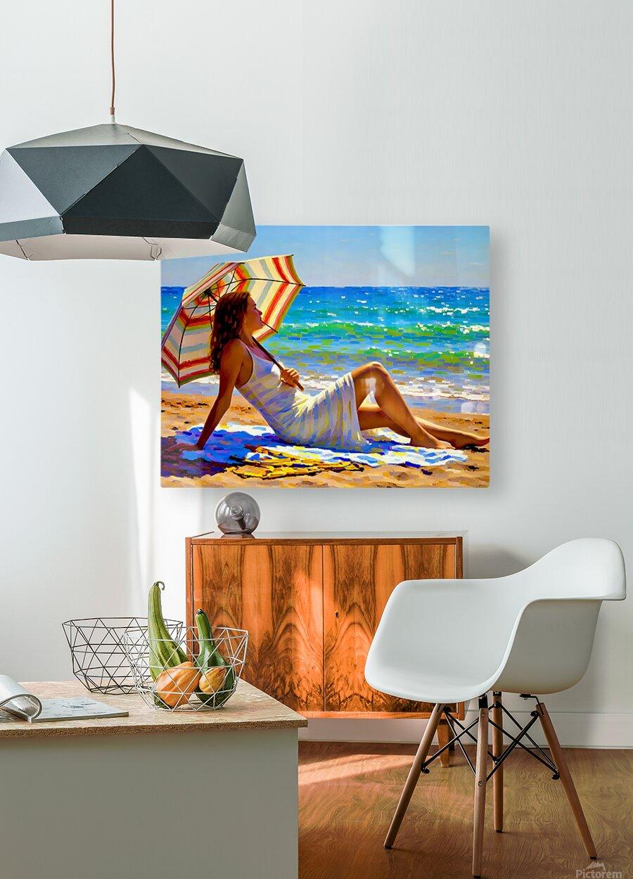 Beach wall art showing a reclining woman with striped umbrella and dress