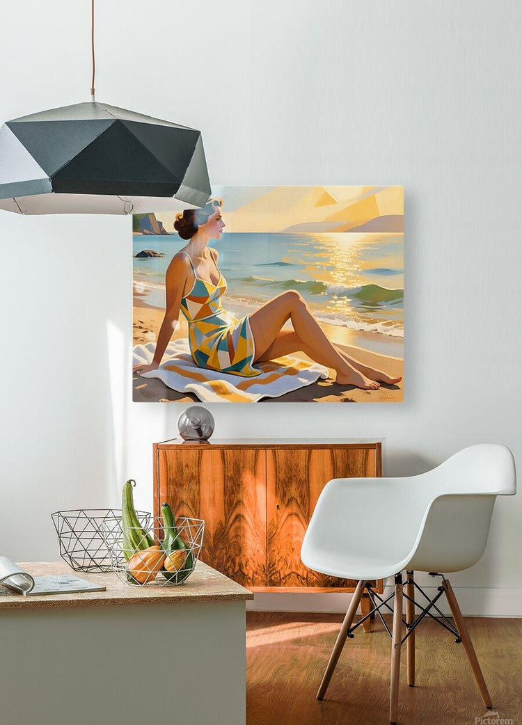 Beach wall art featuring a seated woman in colorful geometric one-piece swimsuit on a blanket
