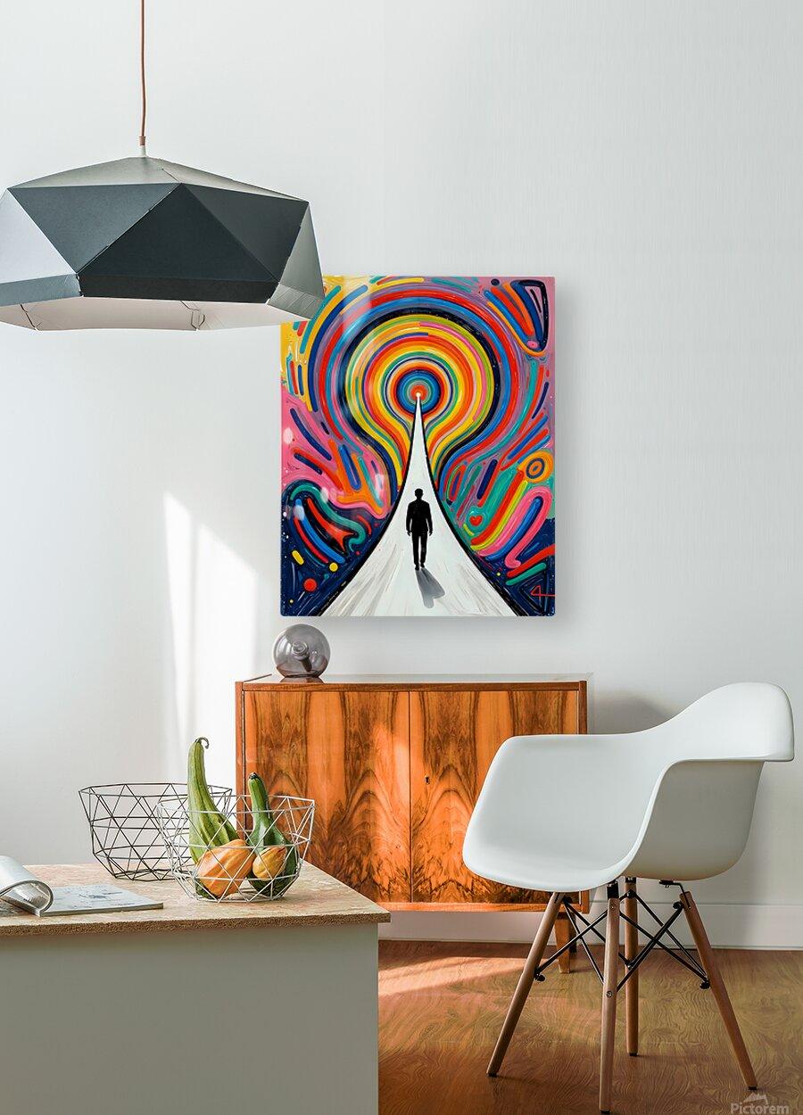 Rainbow vortex artwork on a wall beside a sideboard, with concentric swirls and silhouette figure