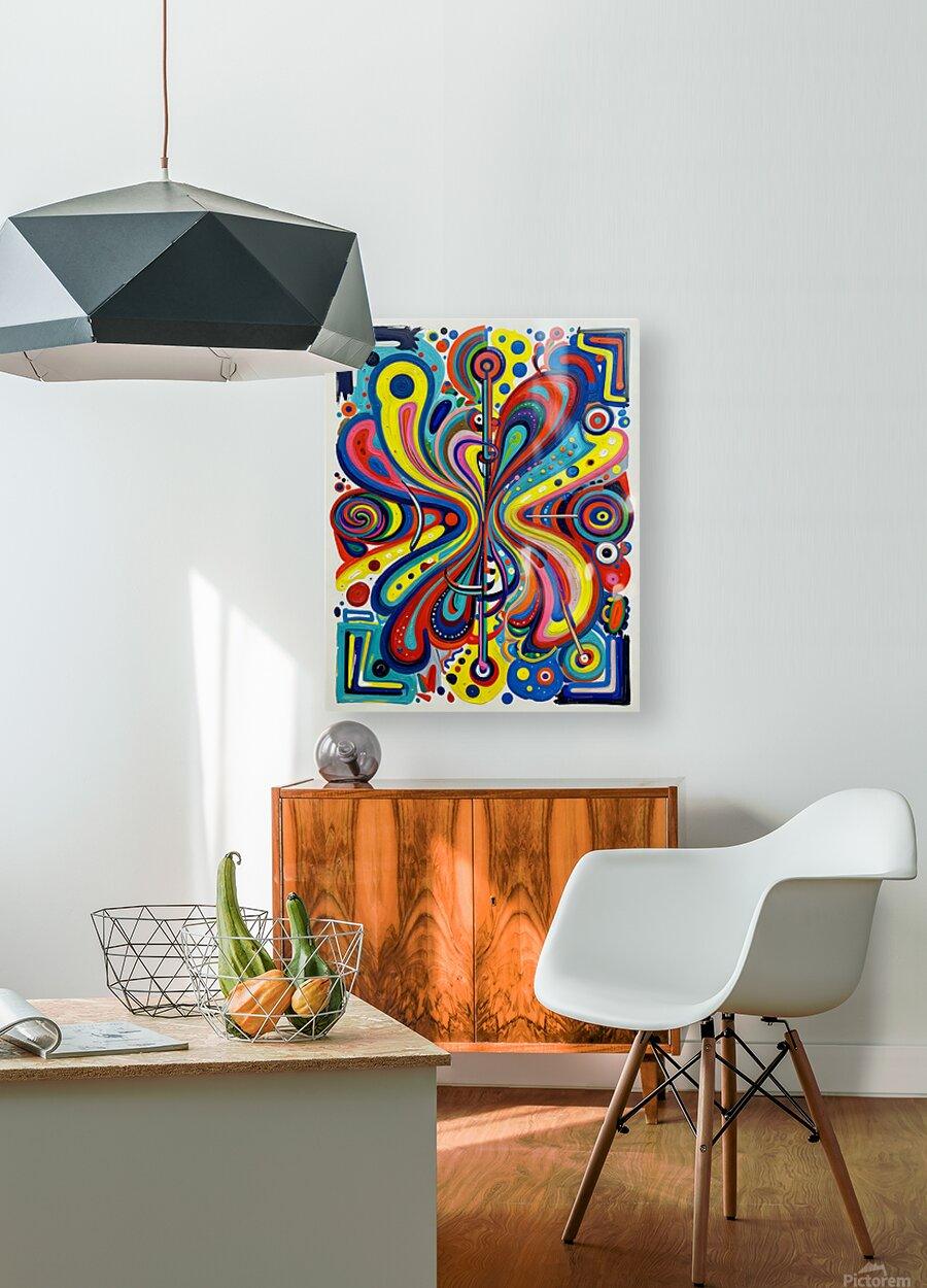 Colorful abstract art print in a frame with swirling lines and circular accents radiating
