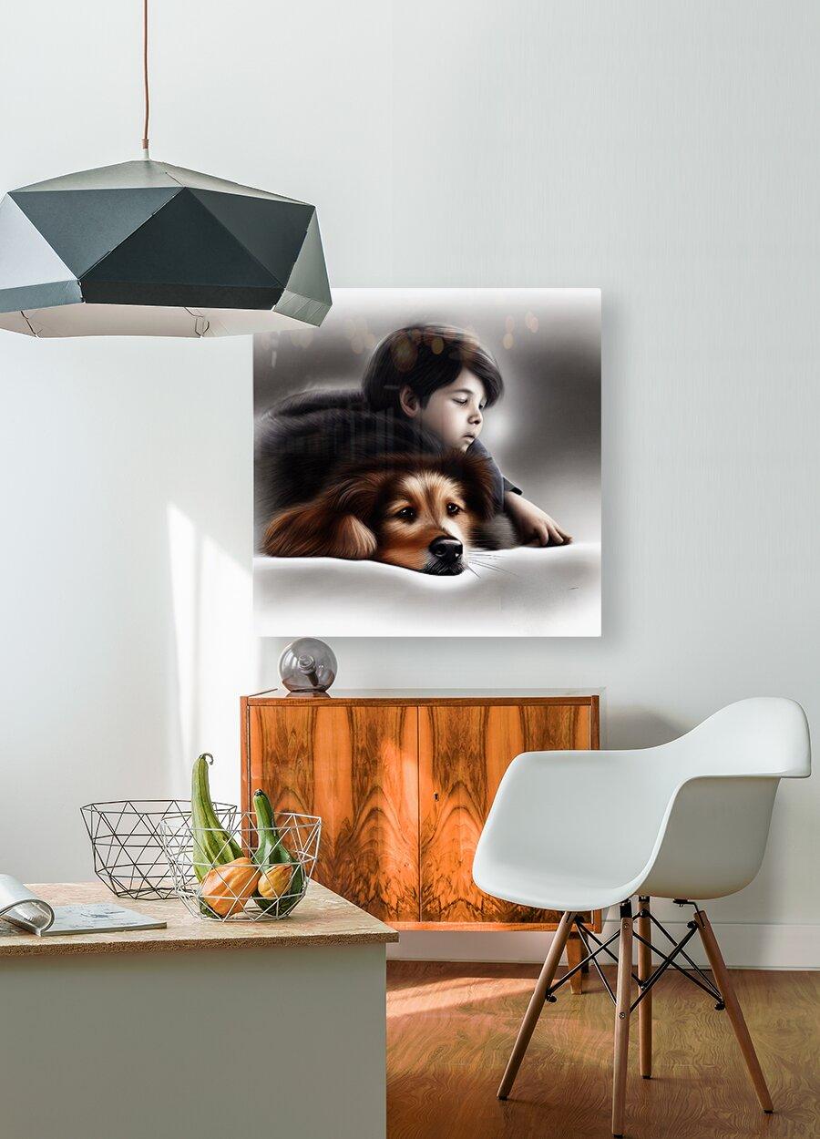 Rolled canvas print of a child cuddling a brown-and-black dog, soft gray