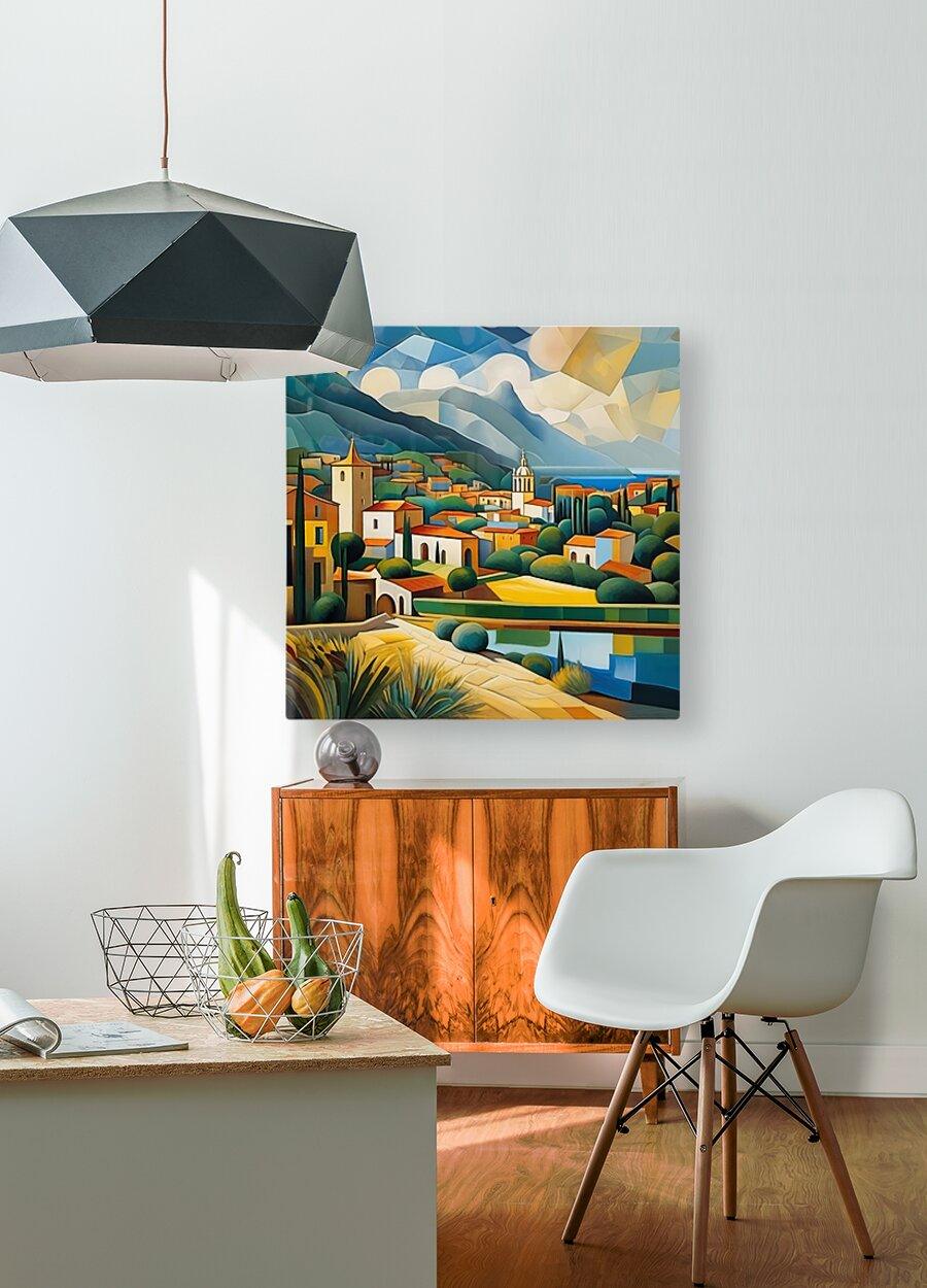 Geometric cubist Mediterranean landscape wall art print with town, hills, and water reflection