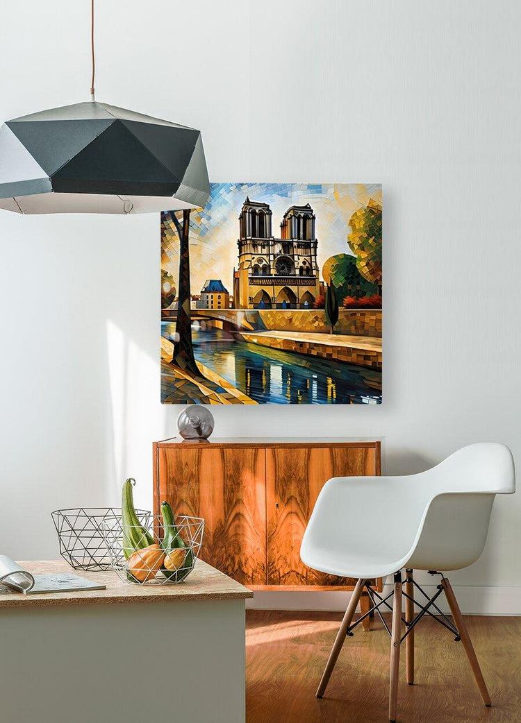 Gothic cathedral mosaic artwork print above wooden cabinet, with blue river scene