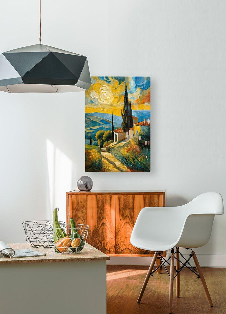 Landscape artwork on wall with winding path, tall cypress tree, houses, and blue-yellow clouds