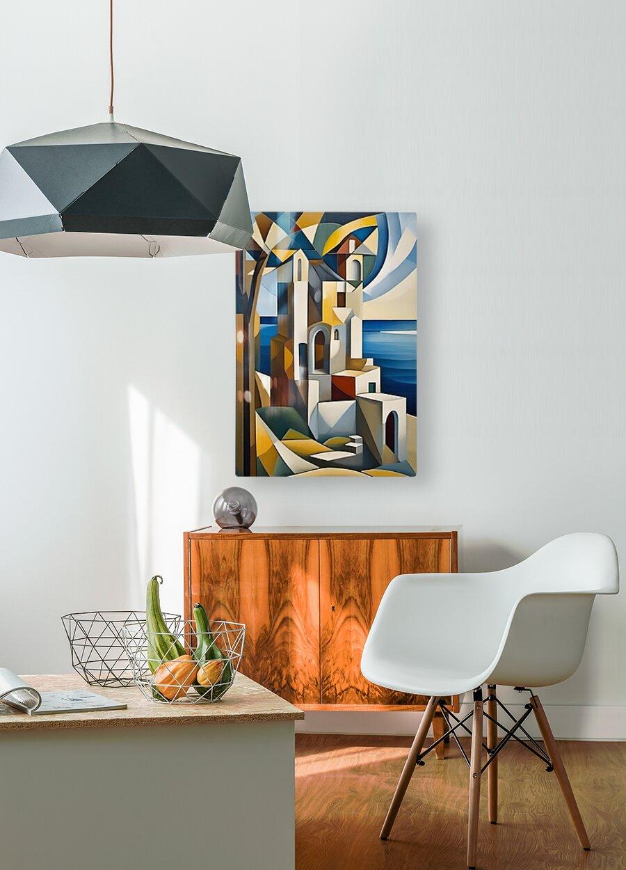Cubist architectural wall art print with colorful towers and curved blue sea background