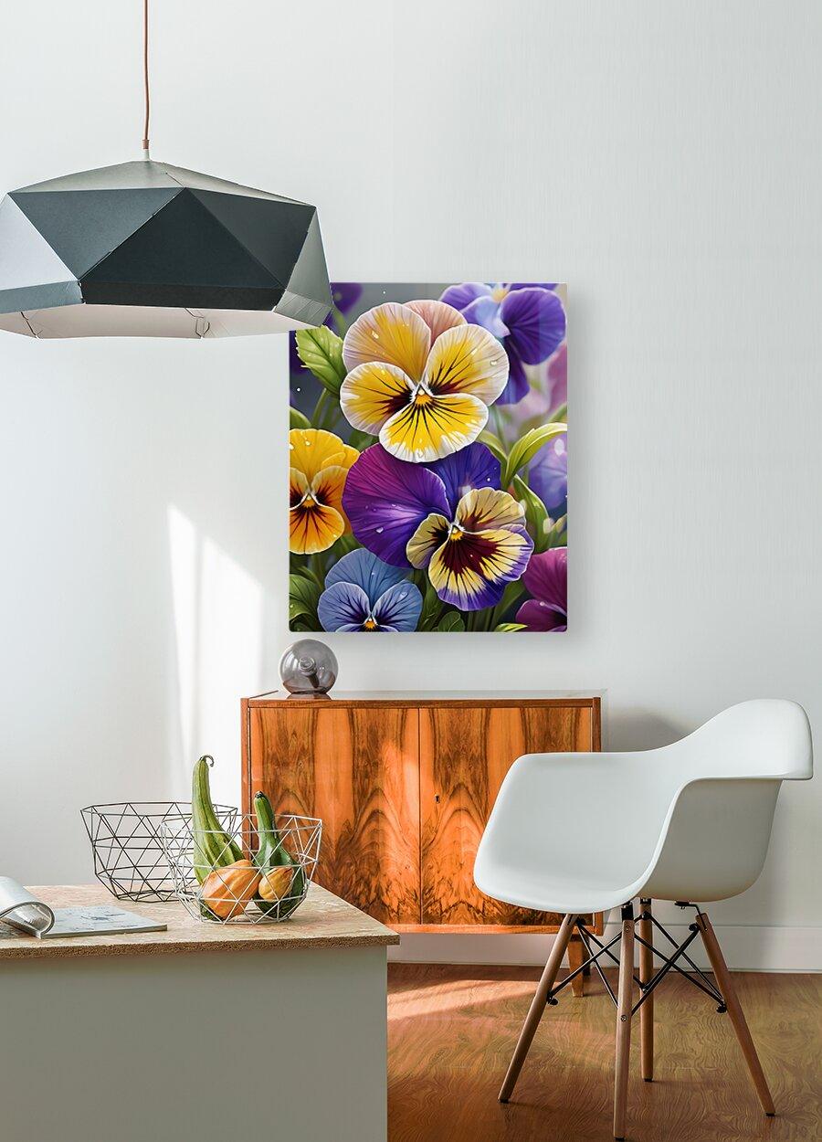 Pansy flower wall art square print with white and yellow centers and purple blooms and leaves.