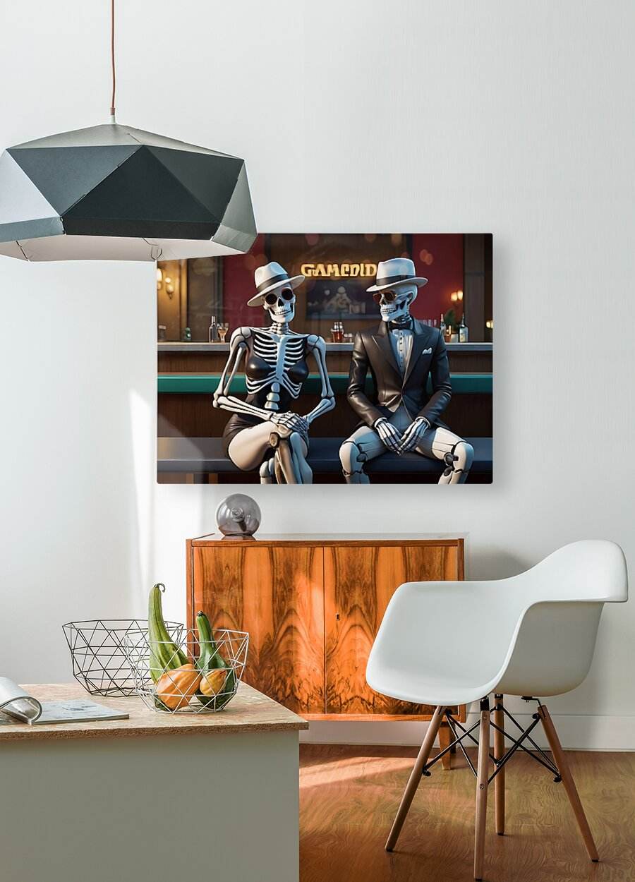 Skeleton duo wall art above a wooden cabinet: two seated skull figures in hats and suits.