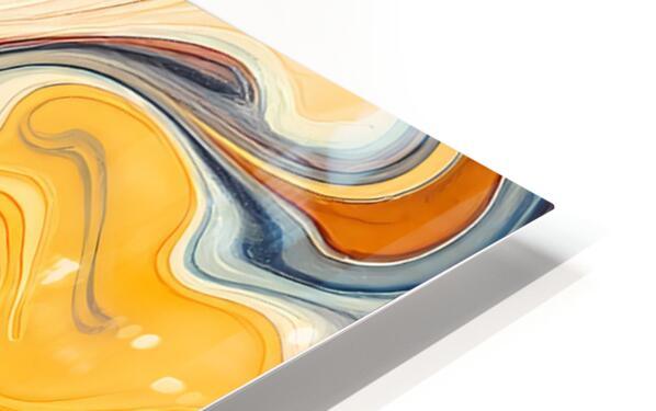 Close-up of abstract swirl lines in orange, yellow, cream, and blue across artwork
