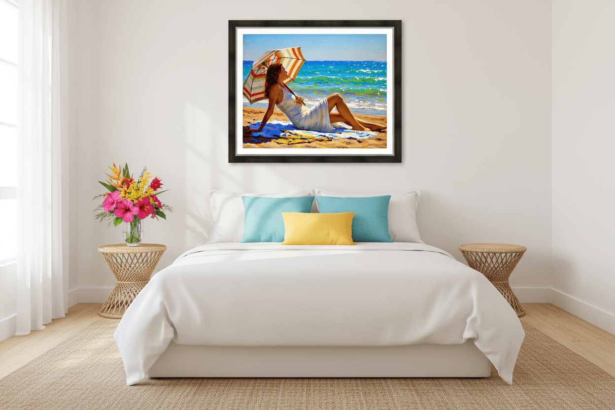 Beach artwork of a reclining woman under a striped umbrella on a sandy shore