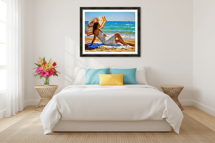 Beach artwork of a reclining woman under a striped umbrella on a sandy shore