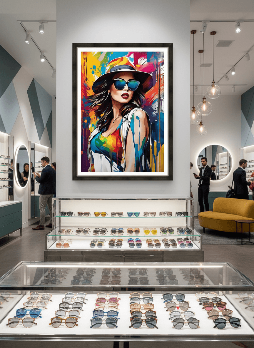 Framed pop-art portrait print of woman in hat and blue sunglasses with colorful paint