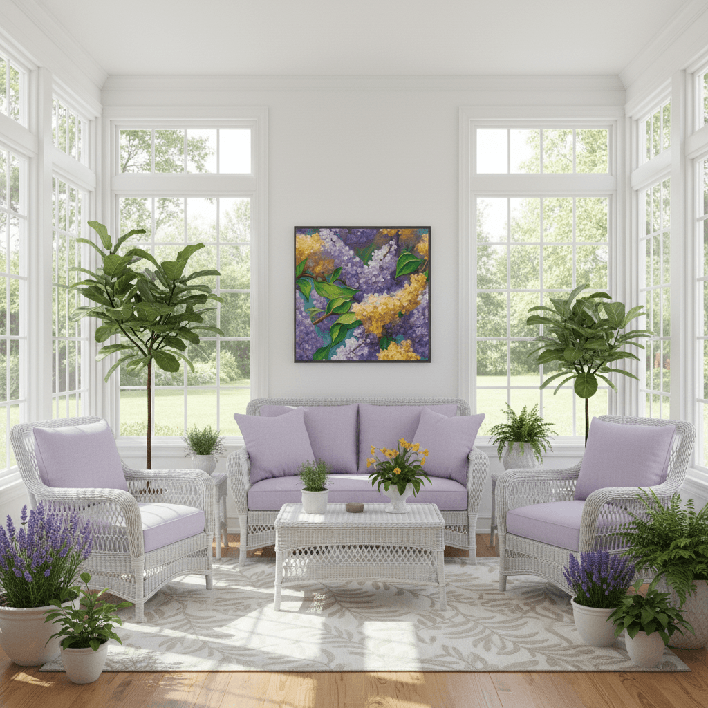 Framed lilac and yellow blossoms painting with green leaves
