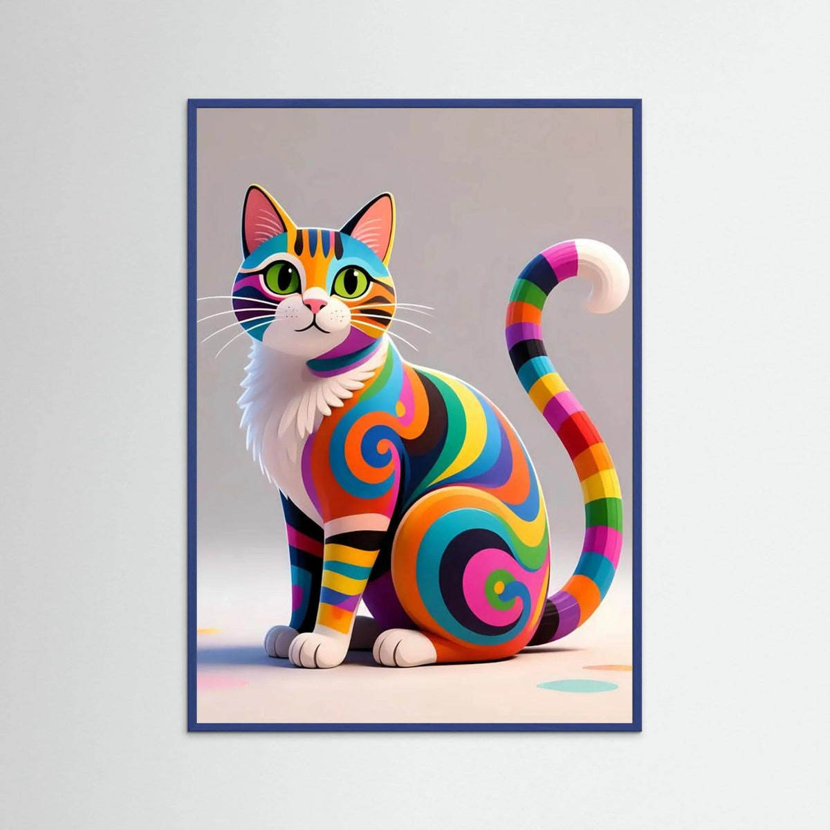 Framed cat wall art with rainbow swirl stripes and striped tail, blue frame