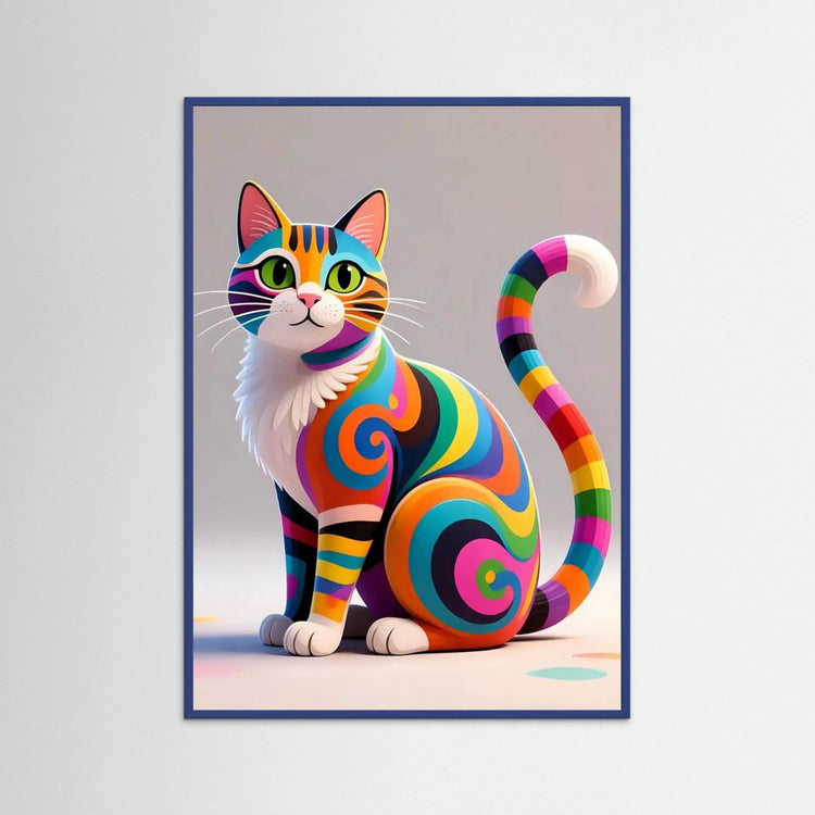Framed cat wall art with rainbow swirl stripes and striped tail, blue frame