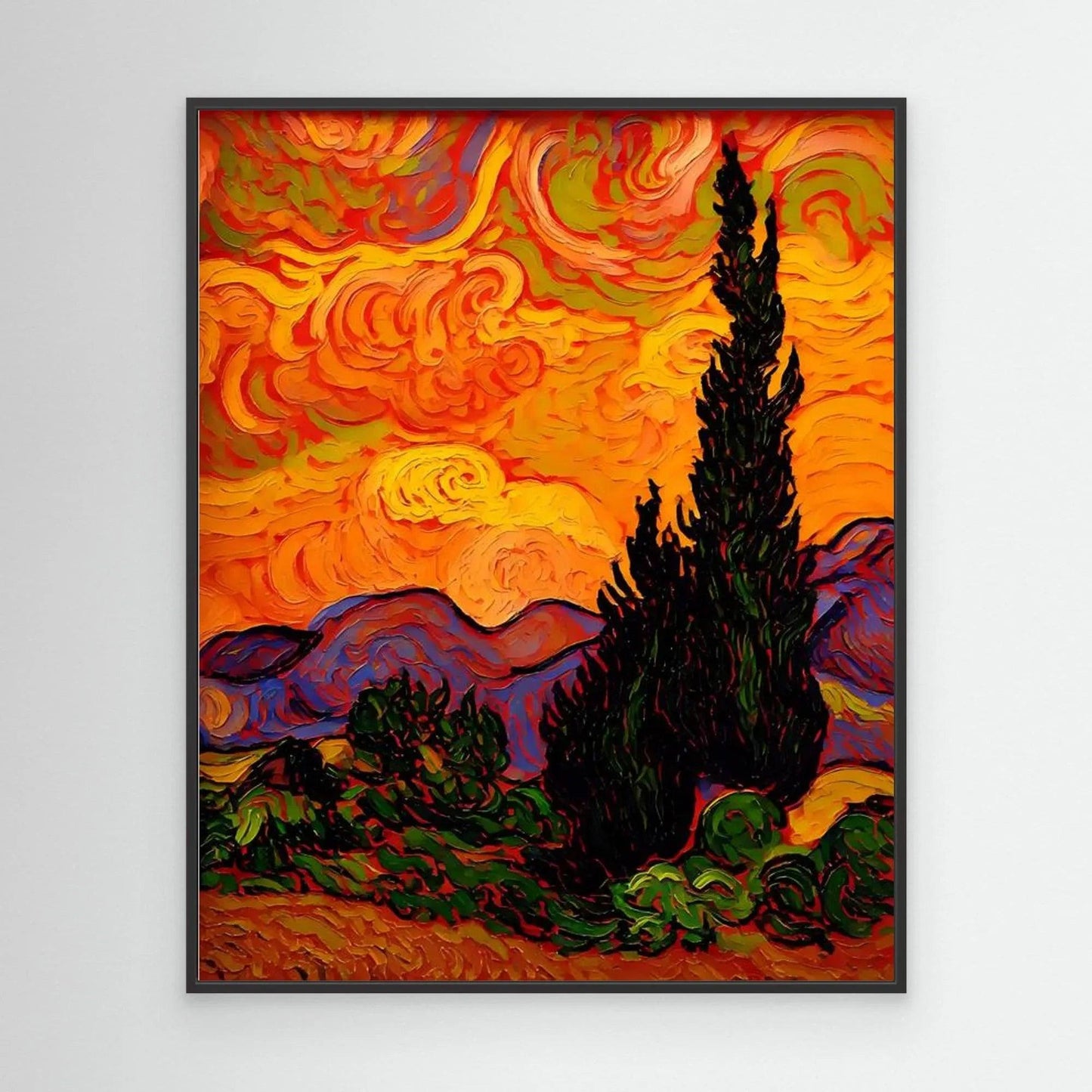 Framed landscape painting with a tall pine tree silhouette and swirling orange sky