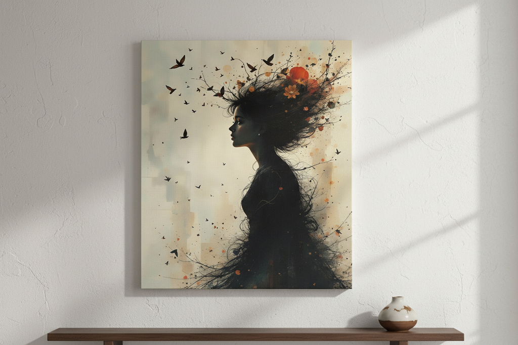 Unframed wall canvas art of a woman silhouette with birds and autumn leaves