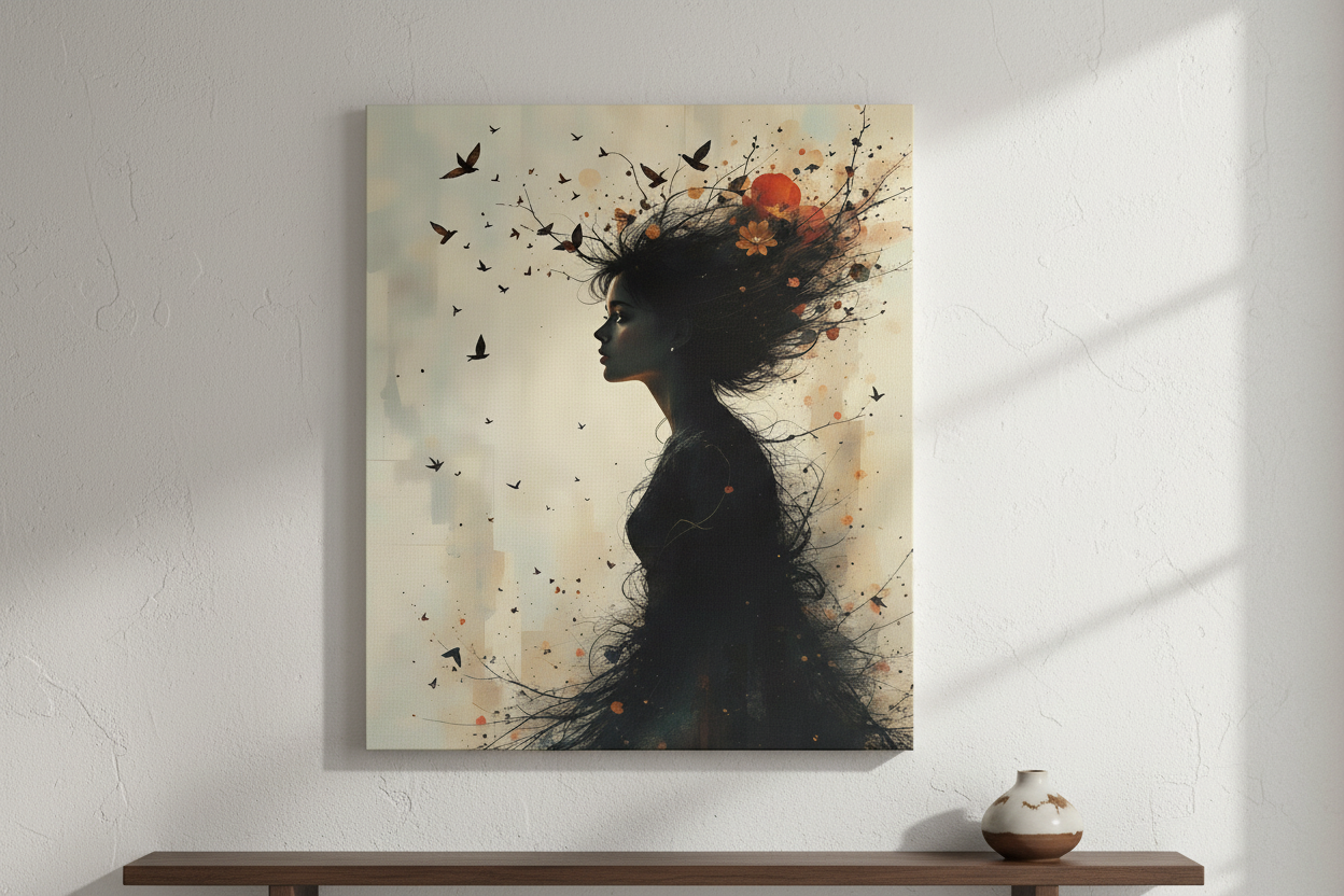 Unframed wall canvas art of a woman silhouette with birds and autumn leaves