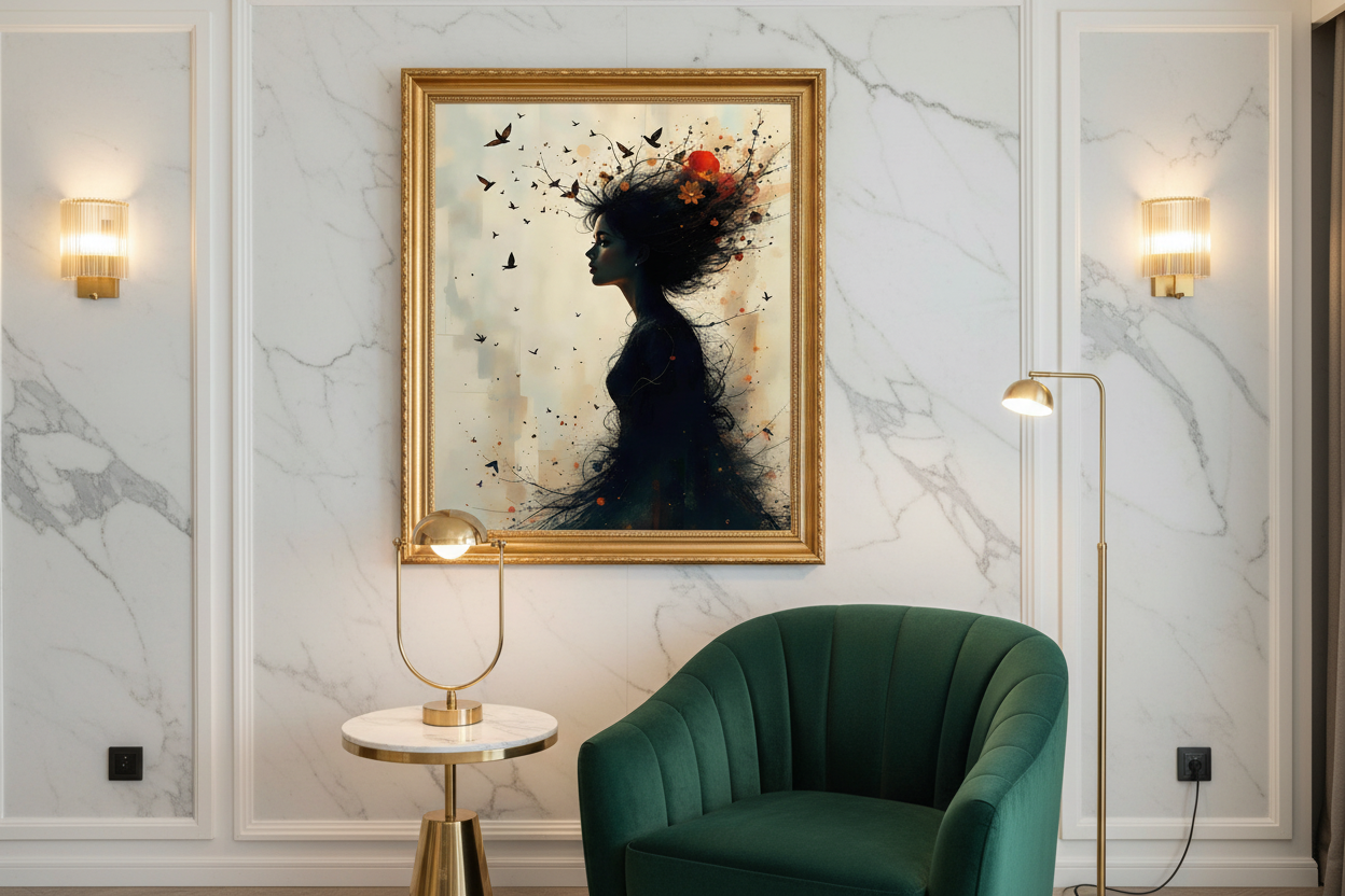 Framed canvas wall art of a woman silhouette with birds and autumn leaves