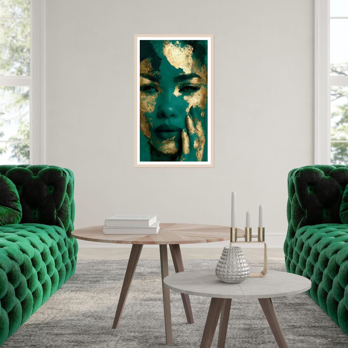 White-matted, framed teal and gold textured face portrait wall art.