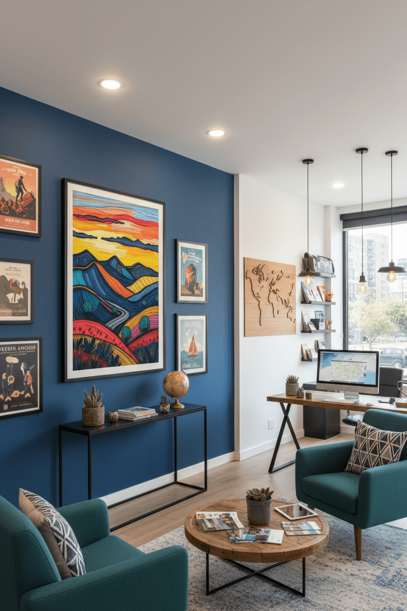 Framed abstract landscape artwork with vibrant layered mountains and cacti in foreground