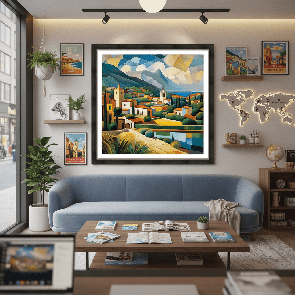 Geometric cubist Mediterranean landscape framed art print with town, hills, and water reflection