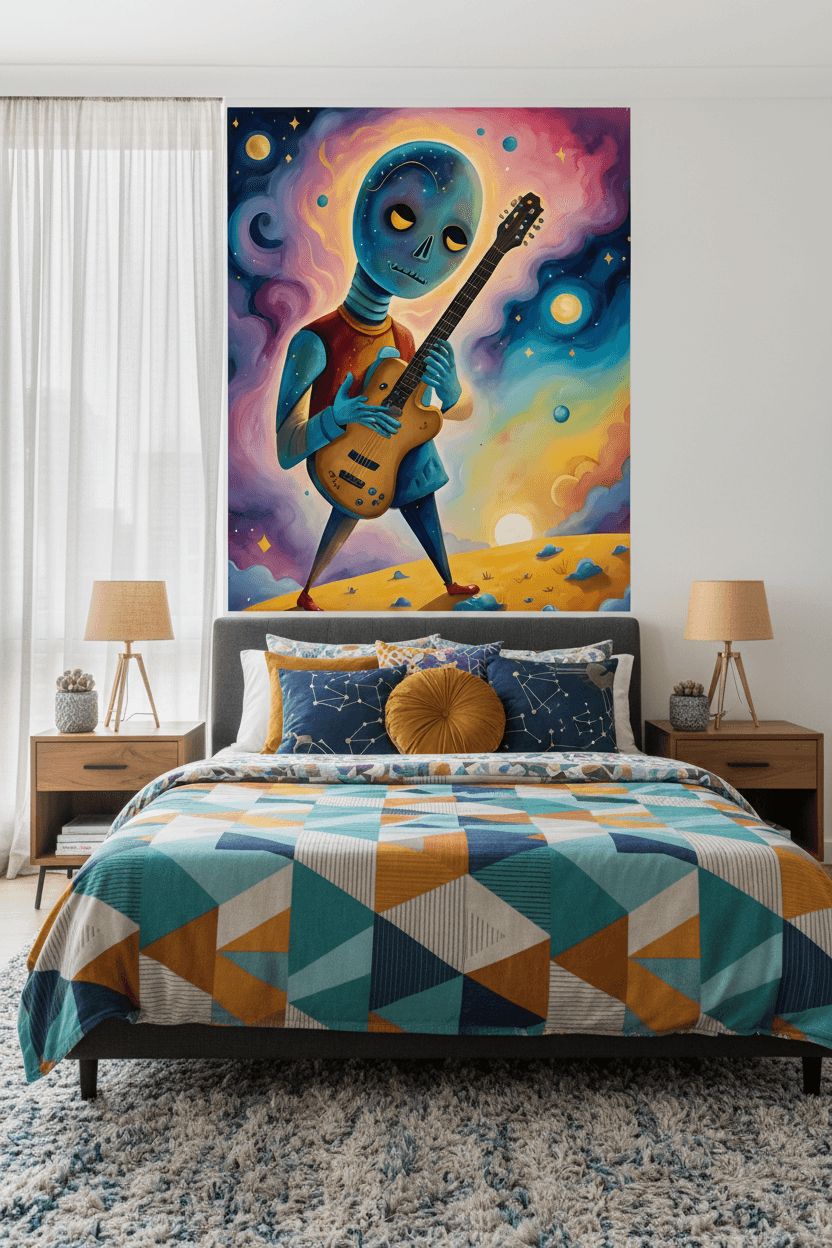 Framed print of blue alien guitarist playing a brown electric guitar among stars and planets