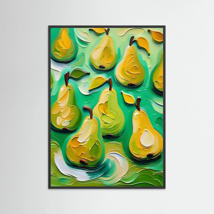 Abstract pear wall art with textured colorful pattern, black wood frame
